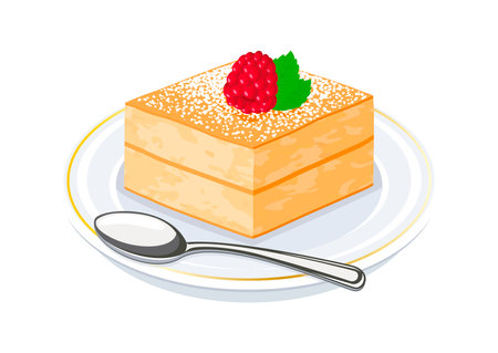 Sponge Cake with raspberry vector illustration. Piece of fluffy block cake on a plate icon vector isolated on a white background. Slice of cake with powdered sugar on top drawingのイラスト素材