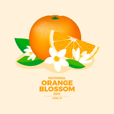 National Orange Blossom Day vector illustration. Orange fruit and orange blossoms flowers icon vector. June 27 every year. Important dayのイラスト素材