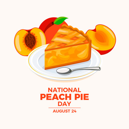 National Peach Pie Day vector illustration. Slice of peach dessert on a plate icon vector. Piece of fruit cake with fresh peaches drawing. August 24 every year. Important dayのイラスト素材
