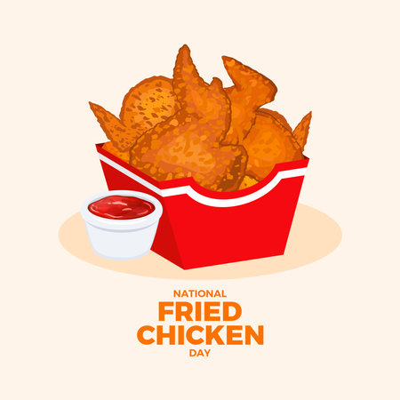 National Fried Chicken Day vector illustration. Crispy fried chicken in red paper box drawing. Chicken wings with dipping sauce icon vector. July 6 every year. Important dayのイラスト素材