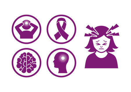 Migraine and headache purple icon set vector. Headache, migraine, dizziness, stress silhouette symbol isolated on a white background. Woman with headache graphic design elementのイラスト素材