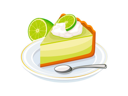 Key Lime Pie vector illustration. Slice of lime cake with whipped cream icon vector isolated on a white background. Piece of citrus fruit cake on a plate drawingのイラスト素材