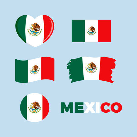 Mexico flag icon set vector on a gray background. Mexican flag design element. Flag of Mexico in heart shape. Mexico flag symbols collection. Set of mexico icons in flat styleのイラスト素材