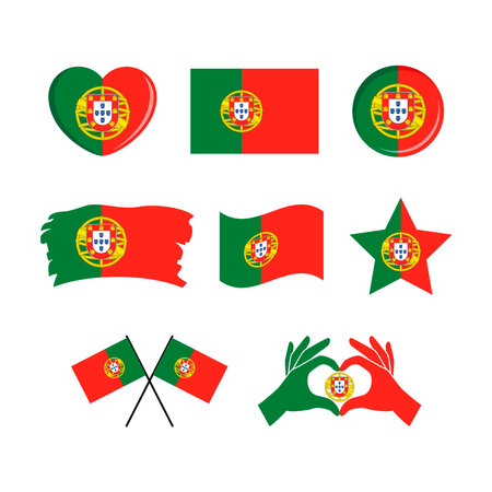 Portugal flag icon set vector isolated on a white background. Portuguese flag graphic design element. Flag of Portugal symbols collection. Set of portugal flag icons in flat styleのイラスト素材
