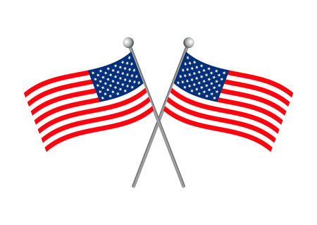 Two american crossed flags vector illustration. Two crossed waving american flag icon on a white background. Flag of the United States design element. USA flag on a field symbolのイラスト素材
