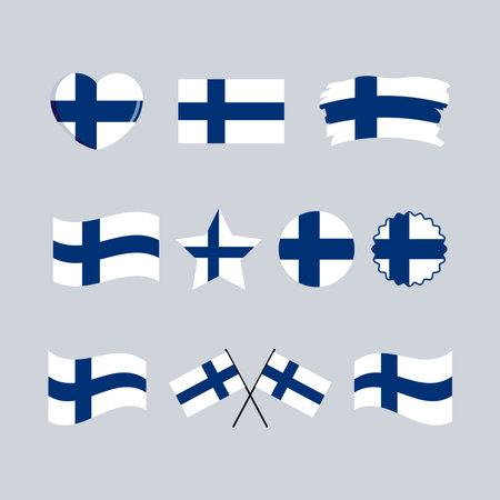Finland flag icon set vector isolated on a gray background. Finnish Flag graphic design element. Flag of Finland symbols collection. Set of Finland flag icons in flat styleのイラスト素材