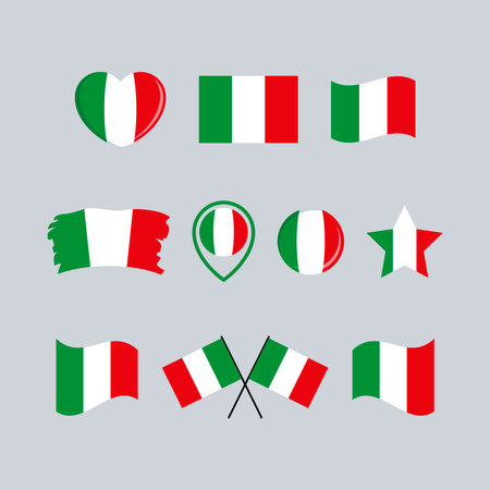 Italy flag icon set vector isolated on a gray background. Italian Flag graphic design element. Flag of Italy symbols collection. Set of Italy flag icons in flat styleのイラスト素材