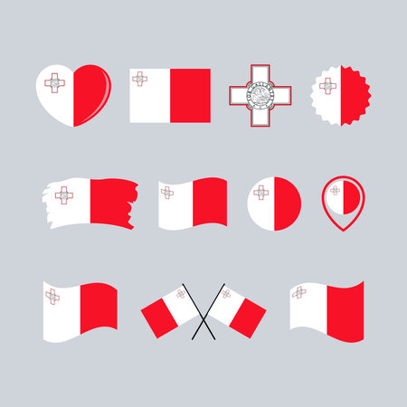 Malta flag icon set vector isolated on a gray background. Maltese Flag graphic design element. Flag of Malta symbols collection. Set of Malta flag icons in flat styleのイラスト素材