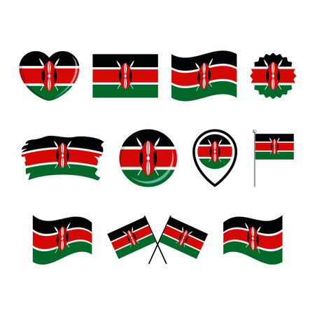 Kenya flag icon set vector isolated on a white background. Kenyan Flag graphic design element. Flag of Kenya symbols collection. Set of Kenya flag icons in flat styleのイラスト素材