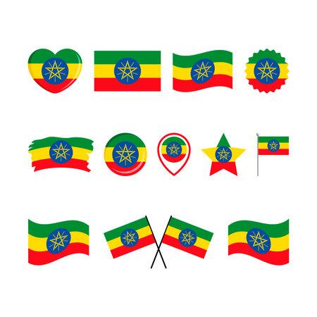 Ethiopia flag icon set vector isolated on a white background. Ethiopian Flag graphic design element. Flag of Ethiopia symbols collection. Set of Ethiopia flag icons in flat styleのイラスト素材