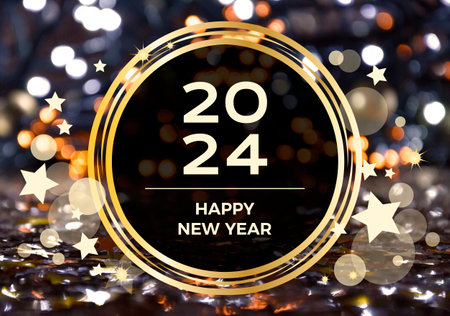 2024 Happy New Year background with christmas golden bokeh lights round frame stock images. New Year...