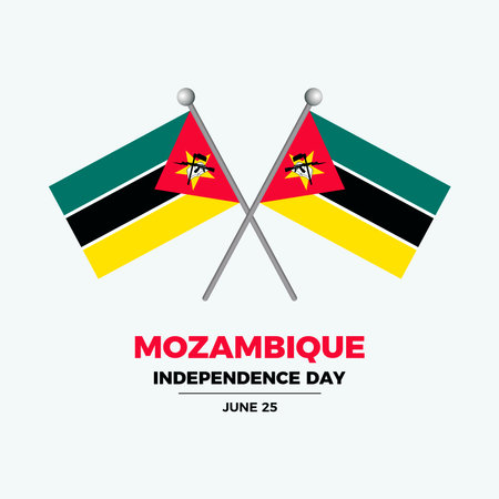 Mozambique Independence Day poster vector illustration. Two Mozambican flags on a field icon vector on a gray background. Flag of Mozambique design element. June 25 every yearのイラスト素材