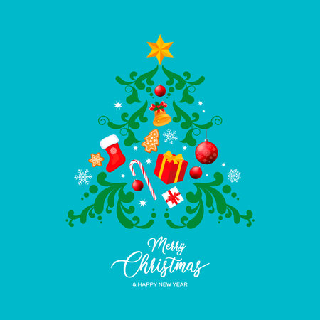 Merry Christmas greeting card with stylized Christmas tree on a blue green background. Abstract christmas tree with gifts, candy and baubles icon vector. Xmas tree shape designのイラスト素材
