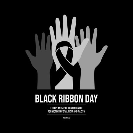 Black Ribbon Day European Day of Remembrance for Victims of Stalinism and Nazism poster vector illustration. Human hand up silhouette with black awareness ribbon icon. August 23のイラスト素材