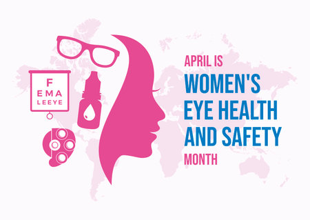 April is Women's Eye Health and Safety Month poster vector illustration. Female face silhouette profile, glasses, eye drops bottle purple icon set. Healthy vision design elementのイラスト素材