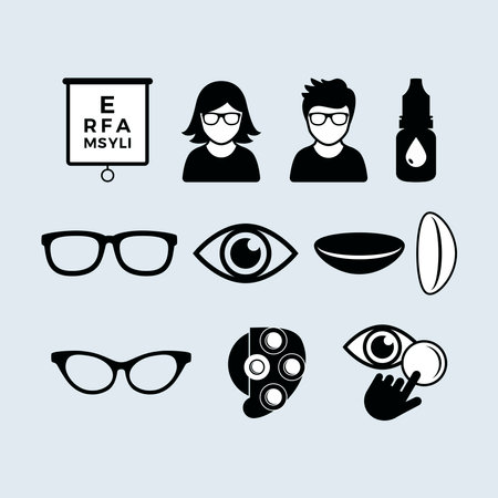 Eye care optics icon set vector. Black and white optical icons on a gray background. Human eye,...