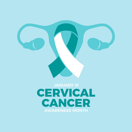 January is Cervical Cancer Awareness Month poster vector illustration. Cervical cancer teal and white awareness ribbon and uterus icon vector. Women's reproductive health symbolのイラスト素材