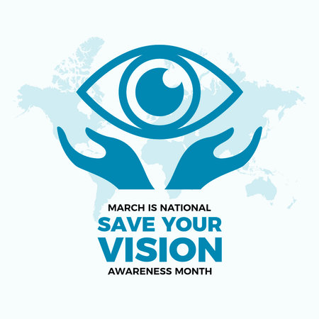 March is National Save Your Vision Awareness Month poster vector illustration. Human eye in protective hands blue icon vector. Healthy vision graphic design element. Important dayのイラスト素材