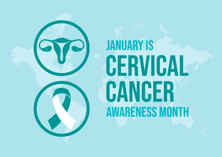 January is Cervical Cancer Awareness Month poster vector illustration. Cervical cancer teal and white awareness ribbon and uterus icon set. Template for background, banner, cardのイラスト素材