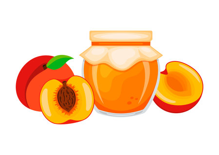 Peach jam in glass jar and fresh peaches vector illustration. Glass of peach marmalade design element. Peach jam jar icon set isolated on a white backgroundのイラスト素材