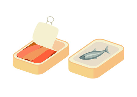 Sardine can icon set vector illustration. Canned fish icon set vector isolated on white background. Fish sardines in a box graphic design elementのイラスト素材