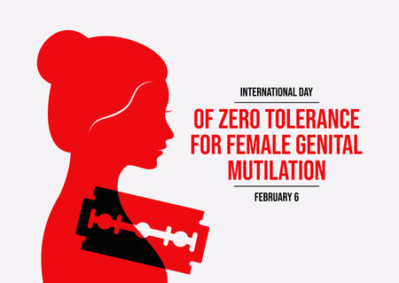 International Day of Zero Tolerance for Female Genital Mutilation poster vector illustration. Woman profile with razor blade silhouette icon. Stop FGM violence against womenのイラスト素材