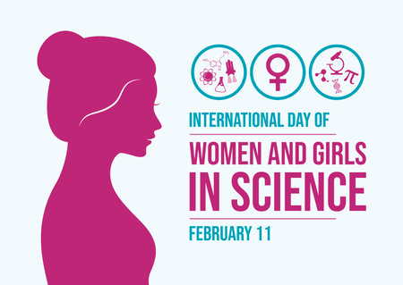 International Day of Women and Girls in Science poster vector illustration. Female scientist icons. Woman face in profile purple silhouette. Template for background, banner, cardのイラスト素材