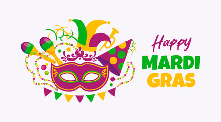 Happy Mardi Gras banner with decorative carnival mask vector illustration. Template for background, card, poster. Mardi Gras festival design element. Party beads, mask, maracasのイラスト素材