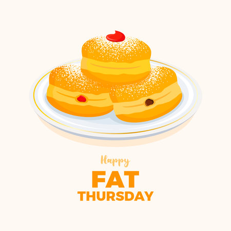 Happy Fat Thursday poster vector illustration. Traditional polish donut with jam and powdered sugar icon vector. Plate of polish donut paczki drawing. Christian tradition.のイラスト素材