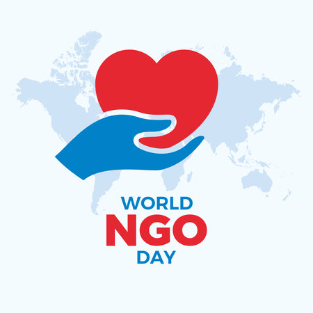 World NGO Day poster vector illustration. Heart in the palm of your hand symbol. Suitable for card, background, banner. Non-Governmental Organizations icon. February 27 every yearのイラスト素材