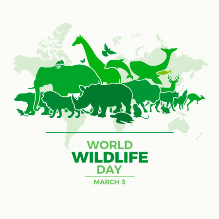 World Wildlife Day poster with animal silhouettes vector illustration. Wild animals green silhouettes vector. Environmental protection symbol. Suitable for card, background, bannerのイラスト素材