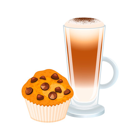 Chocolate chip muffin and latte macchiato coffee drink vector illustration. Glass cup of coffee with froth milk and muffin icon set vector isolated on a white backgroundのイラスト素材
