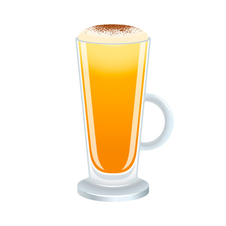 Turmeric latte with froth milk vector illustration. Golden turmeric latte icon vector isolated on a white background. Golden milk in a tall glass with a handle drawingのイラスト素材