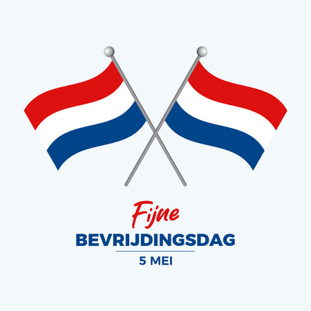 Fijne Bevrijdingsdag Liberation Day poster vector illustration. Two crossed Netherlands flags on a field icon vector. Dutch flag symbol. Template for background, banner, card. May 5のイラスト素材