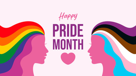 Happy Pride Month poster with female face vector illustration. Female head in profile with long rainbow hair icon. Template for background, banner, card. LGBTQ love symbolのイラスト素材