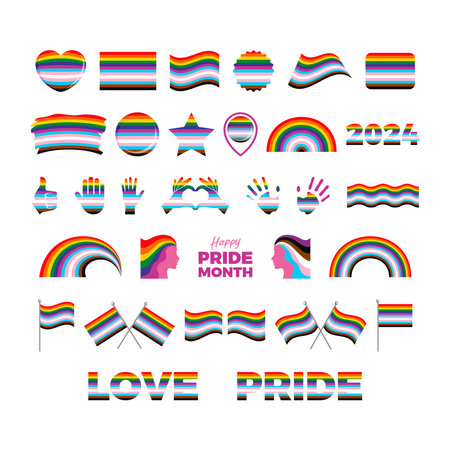 LGBTQIA Pride Flag and symbols many icon set vector. LGBTQIA Pride Month flags graphic design element isolated on a white background. Template for background, banner, cardのイラスト素材