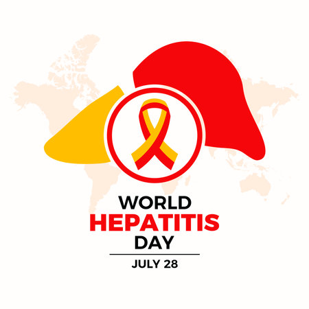 World Hepatitis Day poster vector illustration. Red Yellow awareness ribbon and liver icon vector. Template for background, banner, card. July 28 every year. Important dayのイラスト素材