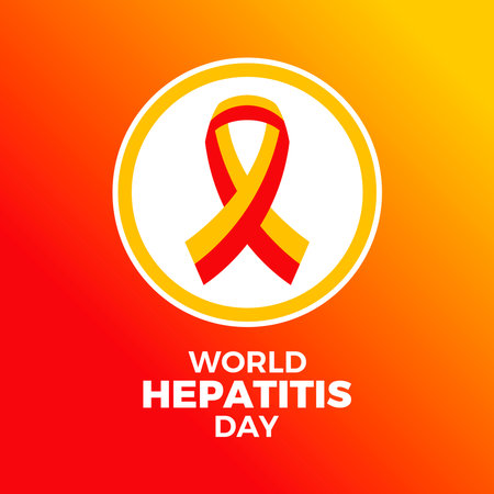 World Hepatitis Day poster with ribbon icon vector illustration. Red yellow awareness ribbon icon in a circle. Template for background, banner, card. July 28 every yearのイラスト素材