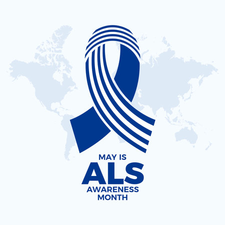May is ALS Awareness Month poster vector illustration. White and blue pinstripes awareness ribbon icon. Amyotrophic lateral sclerosis symbol. Template for background, banner, cardのイラスト素材
