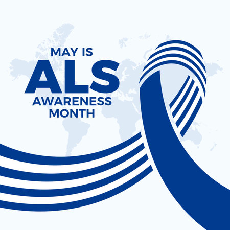 May is ALS Awareness Month poster vector illustration. White and blue pinstripes awareness ribbon icon. Amyotrophic lateral sclerosis symbol. Template for background, banner, cardのイラスト素材