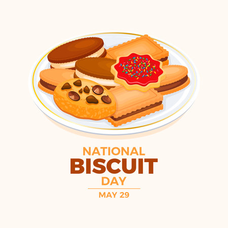 National Biscuit Day poster vector illustration. Cookies on a plate icon vector. Shortbread cookie drawing. Template for background, banner, card. May 29 every year. Important dayのイラスト素材