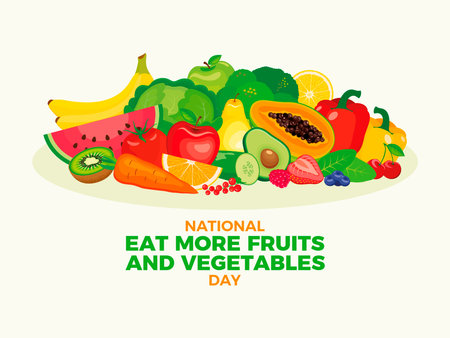 National Eat More Fruits and Vegetables Day poster vector illustration. Pile of healthy fresh fruits and vegetables drawing. Template for background, banner, card. May 21のイラスト素材
