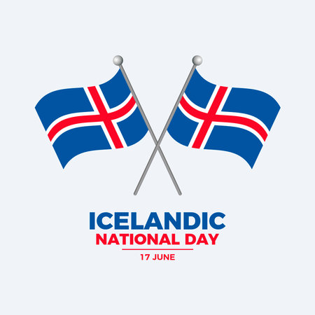 Icelandic National Day poster vector illustration. Two crossed Icelandic flags on a field icon. Template for background, banner, card. Waving Iceland flag symbol. June 17のイラスト素材