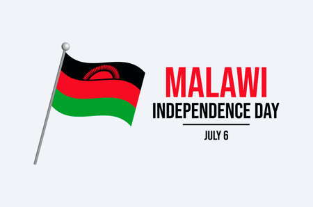 Malawi Independence Day poster vector illustration. Malawi flag on a field icon on a gray background. Waving Malawi flag symbol. Template for background, banner, card. July 6.のイラスト素材