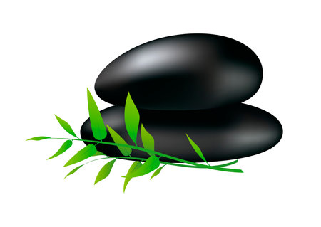Black hot stones and bamboo vector illustration. Spa lava stones icon on a white background. Hot stones for spa procedures graphic design element. Two black pebbles stacked drawingのイラスト素材