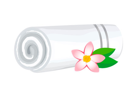 White textile rolled towel with exotic flower vector illustration. Towel icon isolated on a white background. Spa and wellness accessories drawing. Soft bath towel rolled up vectorのイラスト素材