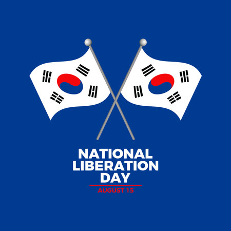 South Korea National Liberation Day poster vector illustration. Two crossed South Korean flags on a field icon. South Korea waving flag symbol. Template for background, banner, cardのイラスト素材
