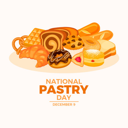 National Pastry Day poster vector illustration. Sweet and salty pastries still life drawing. Bakery and pastry products icon set. Template for background, banner, card. December 9のイラスト素材