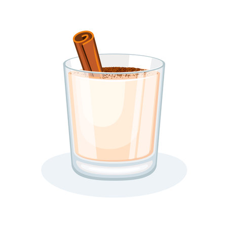 Coquito eggnog coconut christmas drink vector illustration. Coquito in a glass and cinnamon stick icon isolated on a white background. Puerto Rican eggnog with cinnamon drawingのイラスト素材