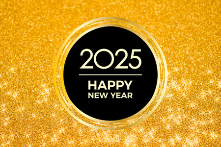2025 Happy New Year greeting card with gold glittering background stock images. 2025 New Year gold...